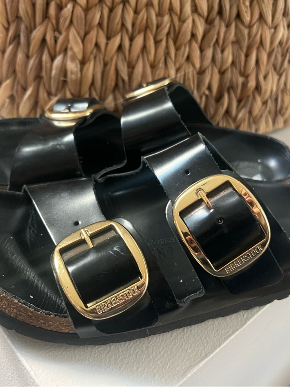 Birkenstock Black Patent Gold Big Buckle Sandals 40